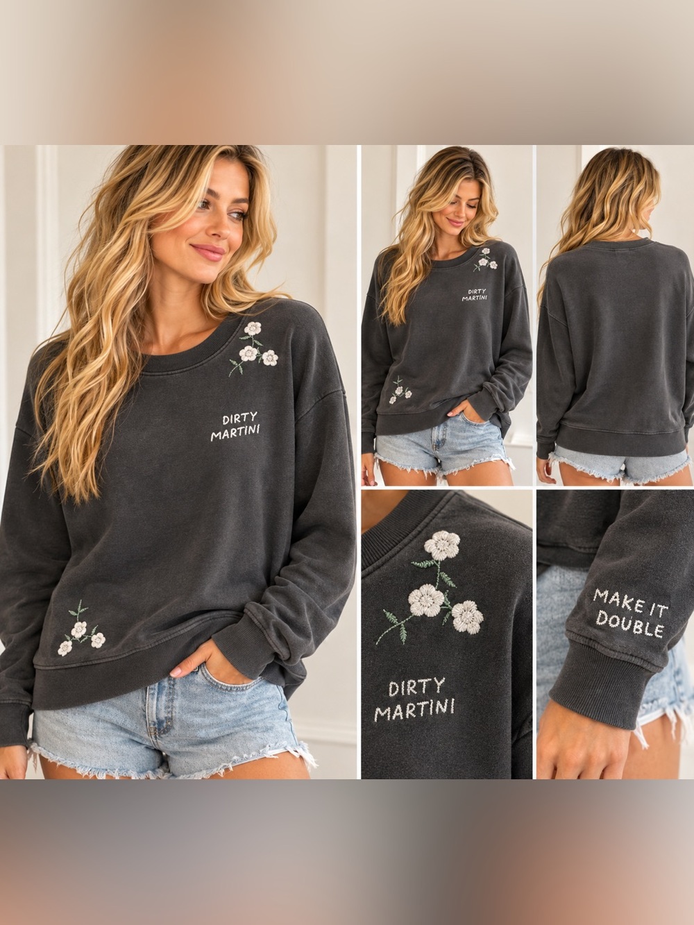 Wildfox Dirty Martini Embroidered Floral Sweatshirt Charcoal Gray S